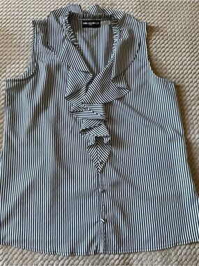 Karl Lagerfeld Navy and White Striped Ruffle Blouse